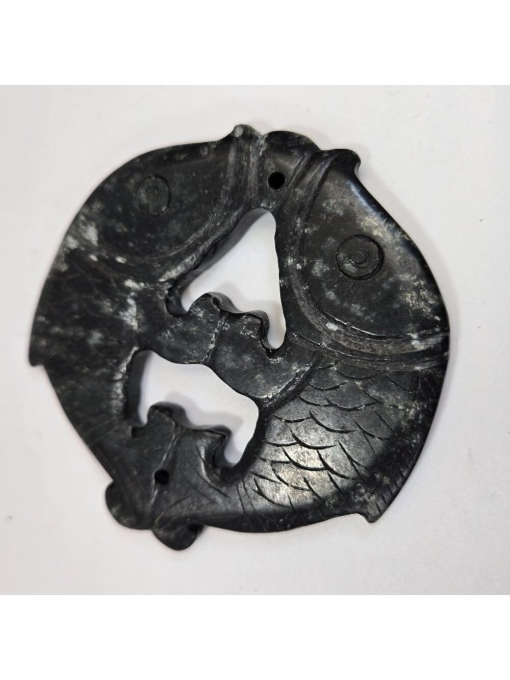 Carved Black Nephrite Jade Double Koi Fish Pendant